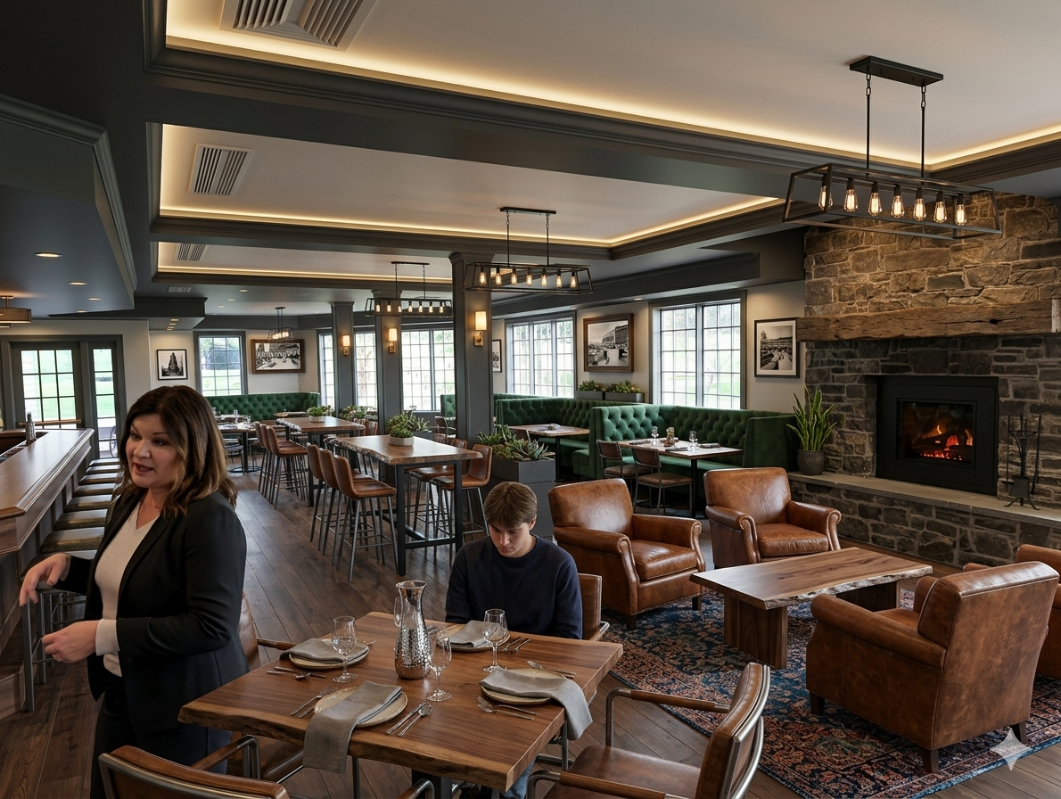 Duffey's main dining room with green tufted banquettes, live-edge tables, stone fireplace and blackened steel pendants