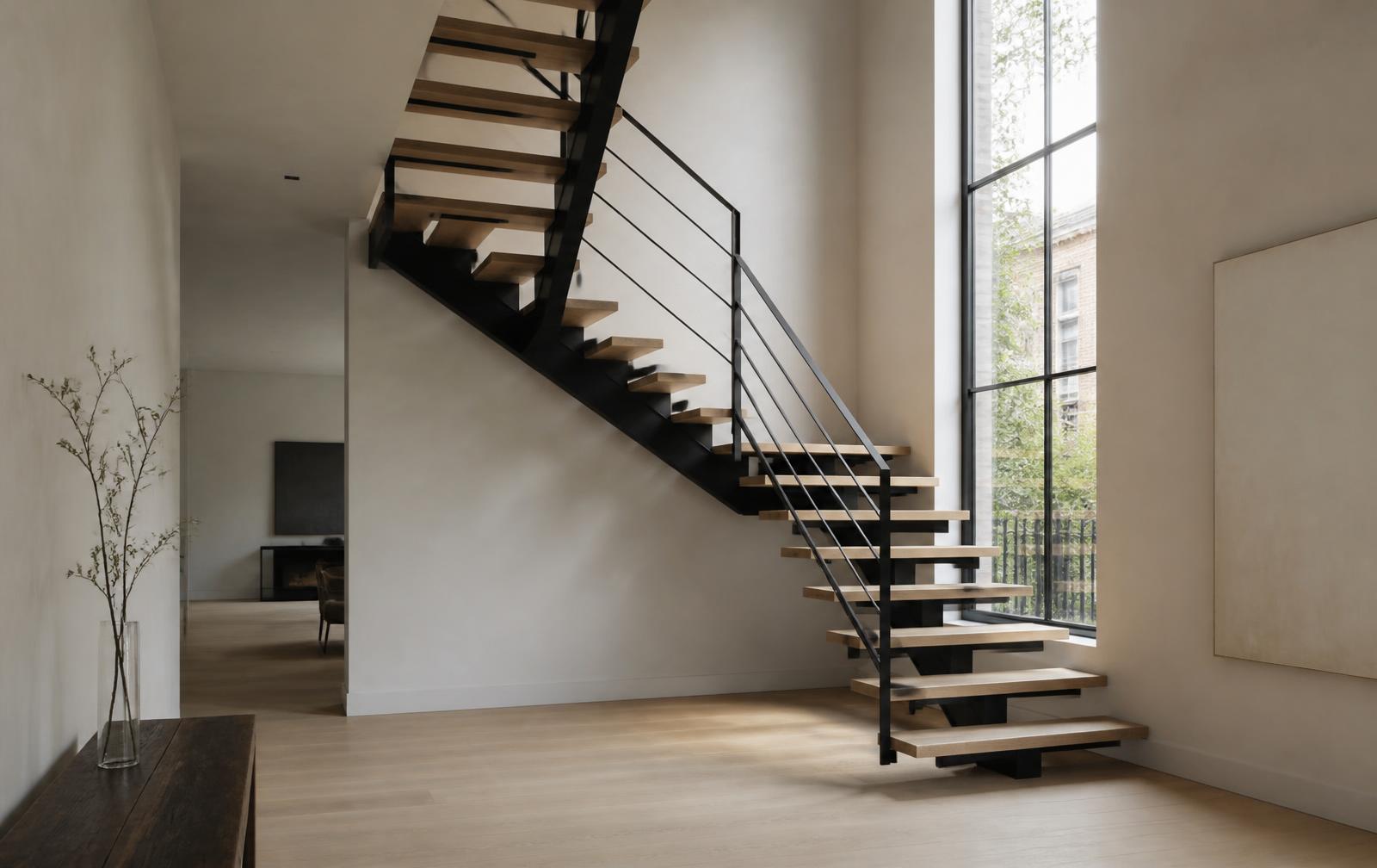 Townhome interior with blackened steel and white oak open stair